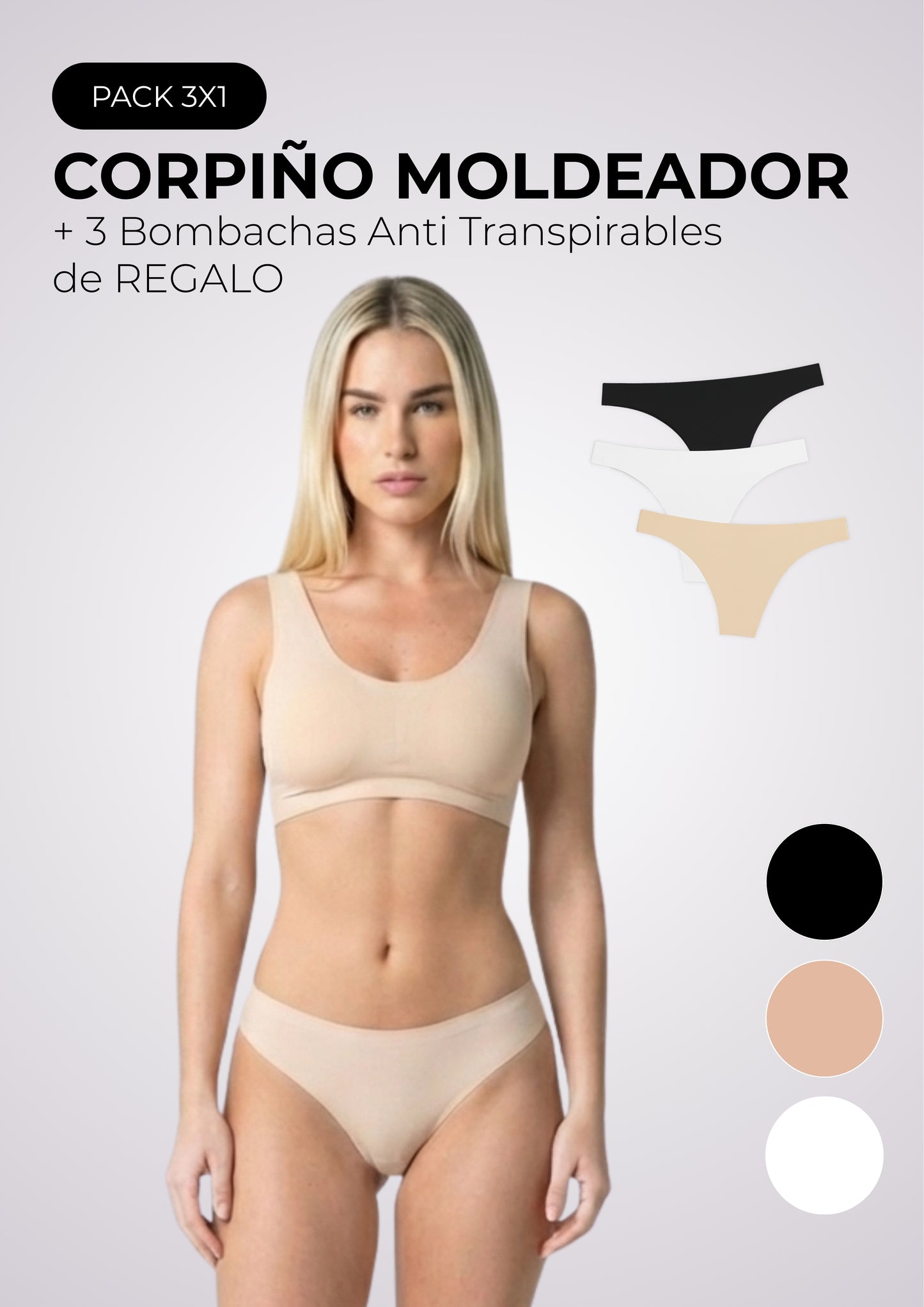 3x1 Corpiño Moldeador + 3 Bombachas Anti Transpirables de REGALO