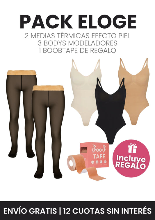 PACK ELOGE | 3 Bodys Modeladores + 2 Medias Térmicas Efecto Piel + 1 BoobTape De Regalo